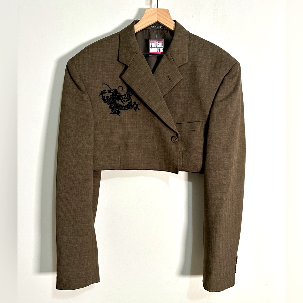 Upcycled Vintage Carob Brown Cropped Boxy Oversized Fit Blazer Dragon Patch